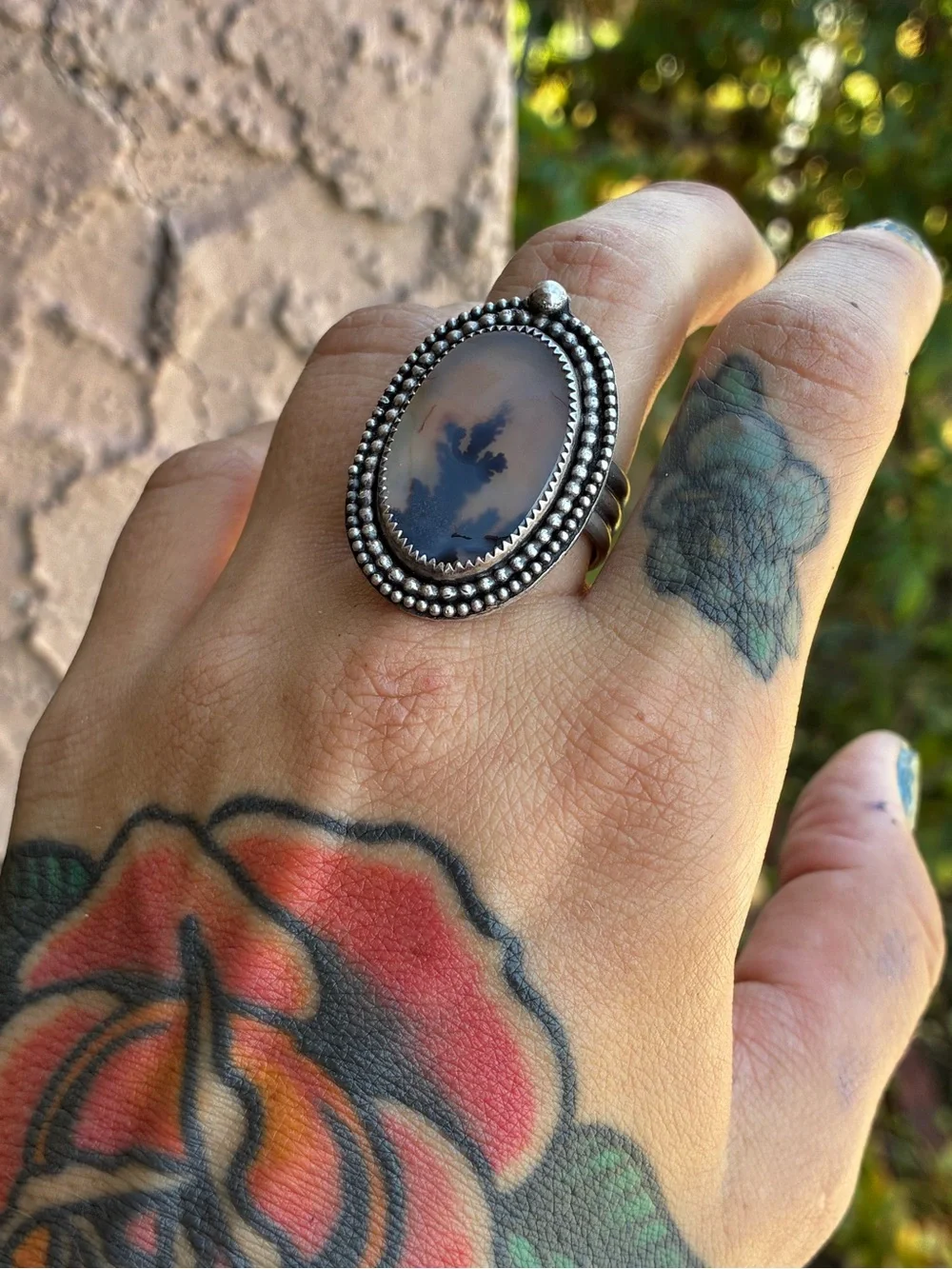 Sterling Silver Dendritic Agate Statement Ring Artisan Silversmith Crafted